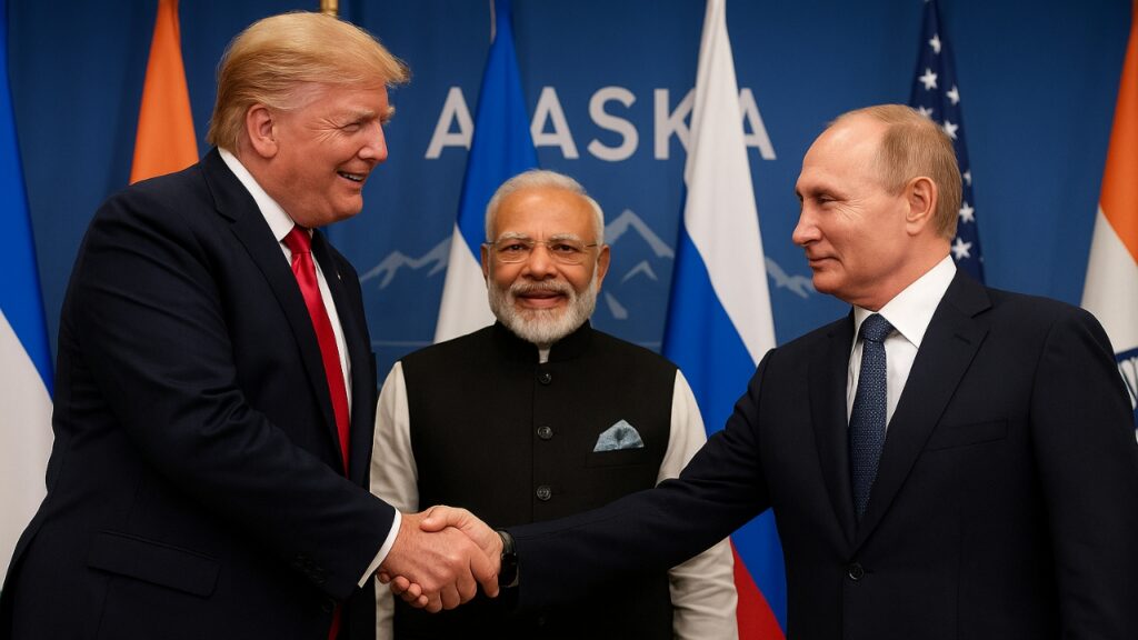 अलास्का में ट्रंप, पुतिन और मोदी की ऐतिहासिक मुलाकात—वैश्विक राजनीति, रूस-यूक्रेन शांति वार्ता और भारत पर टैरिफ चर्चा पर केंद्रित।