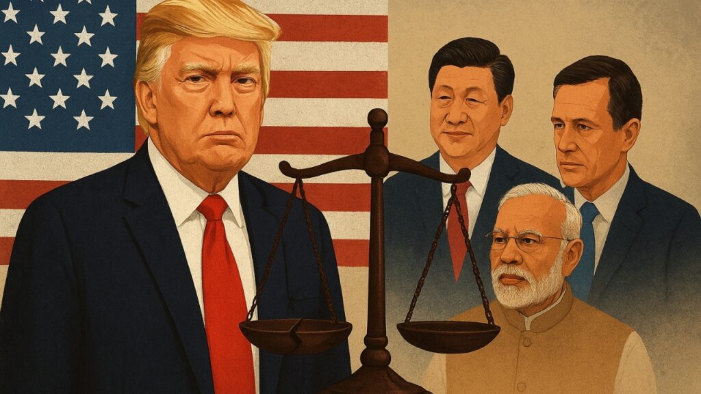 Donald Trump with world leaders and broken balance scale symbolizing US court decision on tariffs, impact on global trade – Shah Times