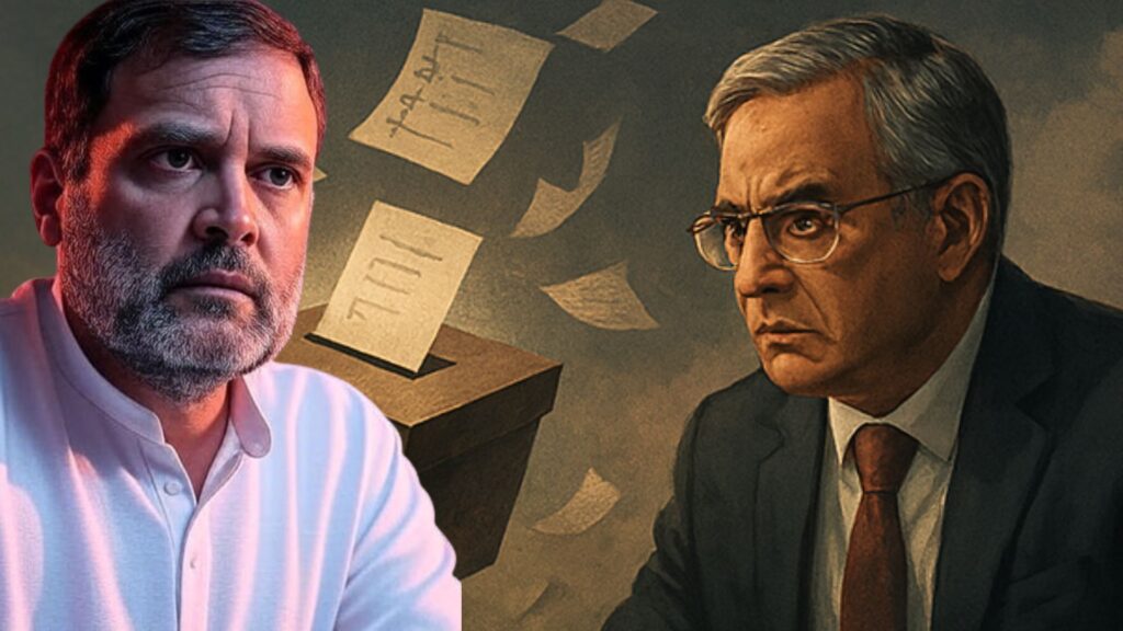 "Rahul Gandhi and Chief Election Commissioner Gyanesh Kumar face-off in a political controversy over voter fraud allegations – Shah Times editorial illustration"