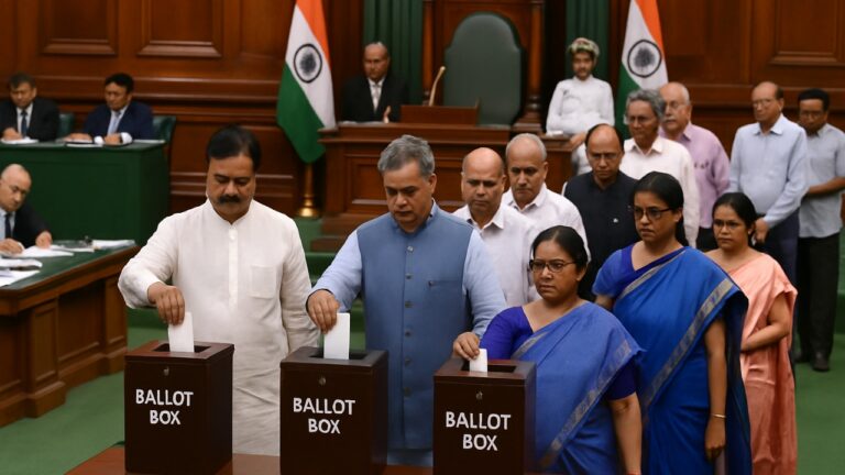 संसद भवन में उपराष्ट्रपति चुनाव 2025 के दौरान मतदान करते सांसद