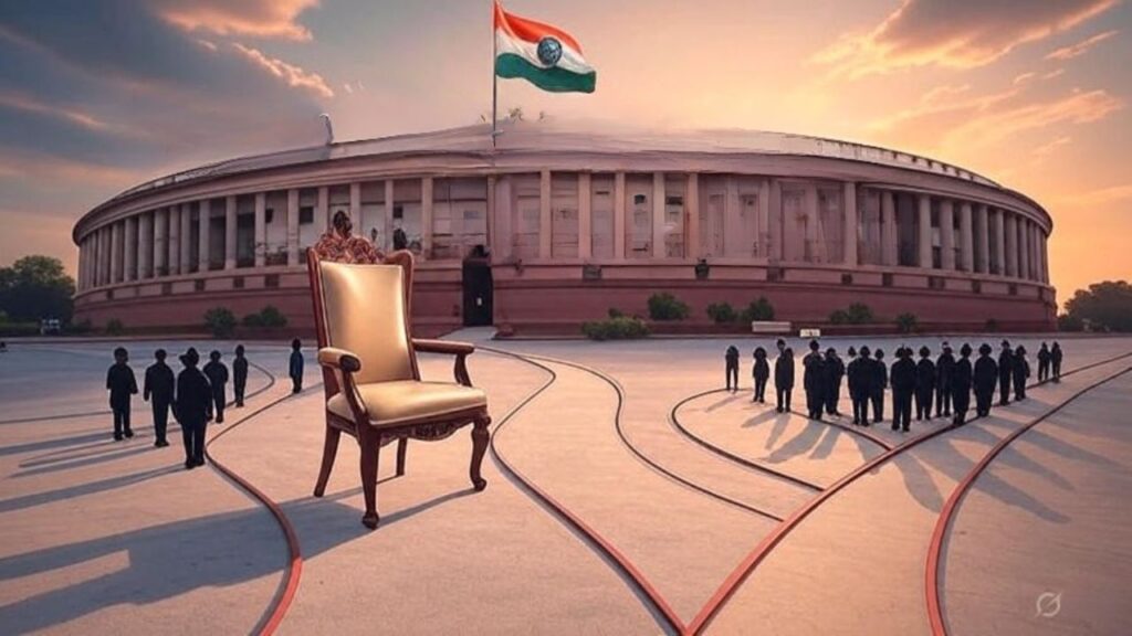 "Indian Parliament building with vacant Vice President’s chair, symbolizing upcoming 2025 Vice Presidential election – Shah Times"