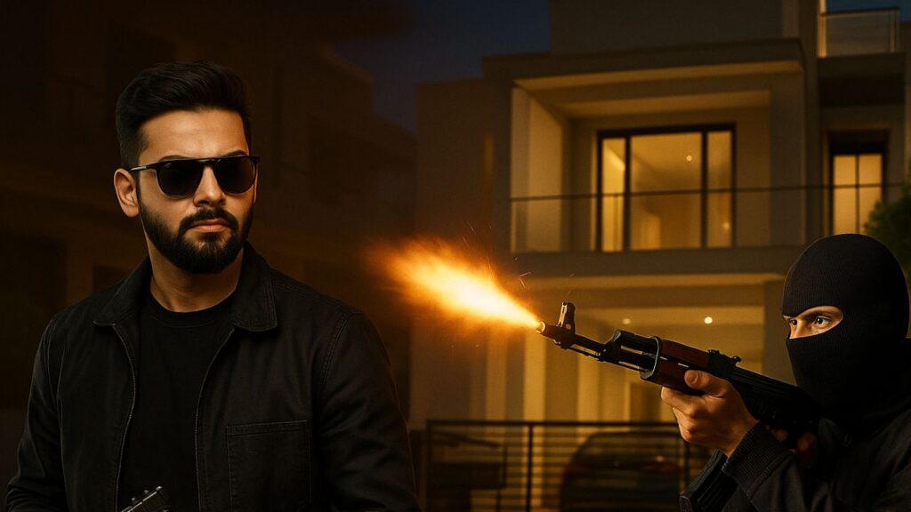 Masked gunman firing at Elvish Yadav’s house in Gurugram while another man with a pistol stands alert, night crime scene.