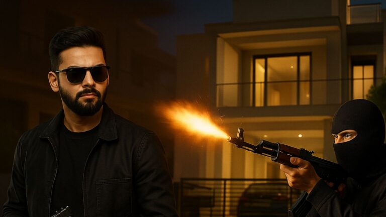 Masked gunman firing at Elvish Yadav’s house in Gurugram while another man with a pistol stands alert, night crime scene.