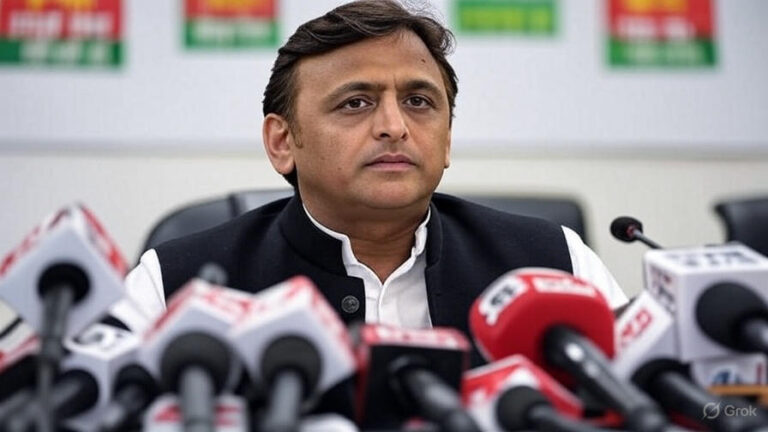 Akhilesh Yadav speaking at a press conference criticizing BJP over SIR and democracy issues