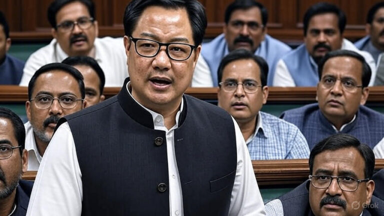 Opposition MPs protesting in Indian Parliament over SIR issue, Kiren Rijiju speaking in Lok Sabha