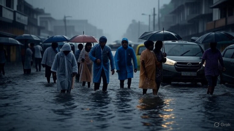 Flooded street with people walking carefully during heavy monsoon rainfall in India, 2025.