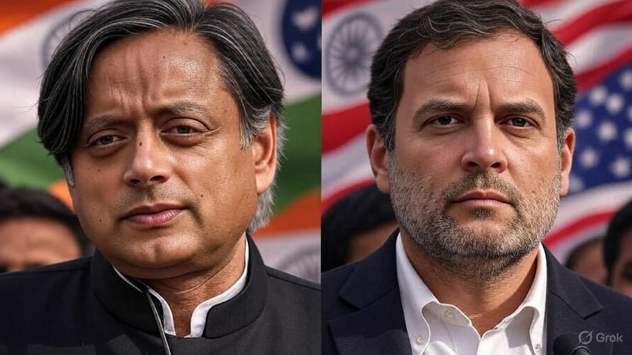 Shashi Tharoor and Rahul Gandhi with contrasting views on Trump’s comment about India’s economy, highlighting Congress's internal differences