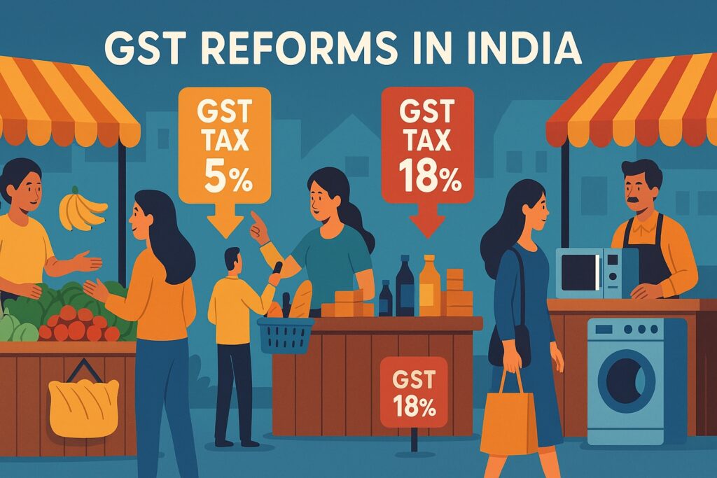 Illustration of GST reforms in India showing market impact, highlighting 5% and 18% tax rates, with shoppers and vendors – Shah Times