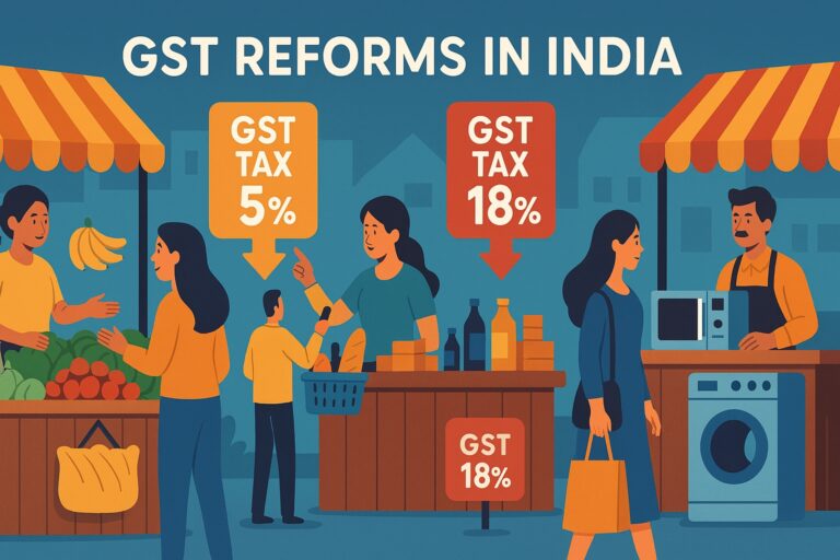 Illustration of GST reforms in India showing market impact, highlighting 5% and 18% tax rates, with shoppers and vendors – Shah Times