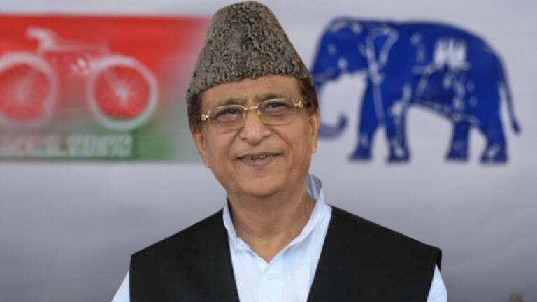 Azam Khan smiling with SP cycle and BSP elephant symbols in background, representing political rivalry and alliance talks | Shah Times