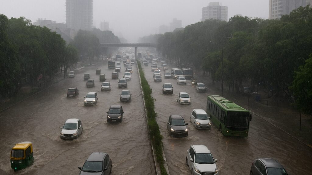 Aerial view of flooded Delhi-NCR roads during heavy monsoon rain with stuck vehicles.