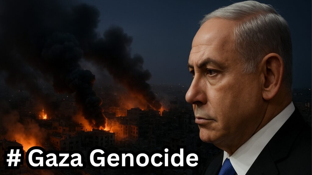 Aerial night view of Gaza City destruction with smoke and fires, alongside profile of Benjamin Netanyahu.