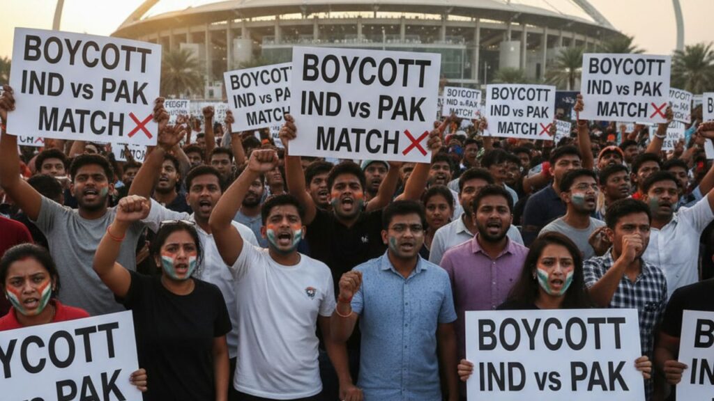 Protesters holding placards against India vs Pakistan cricket match