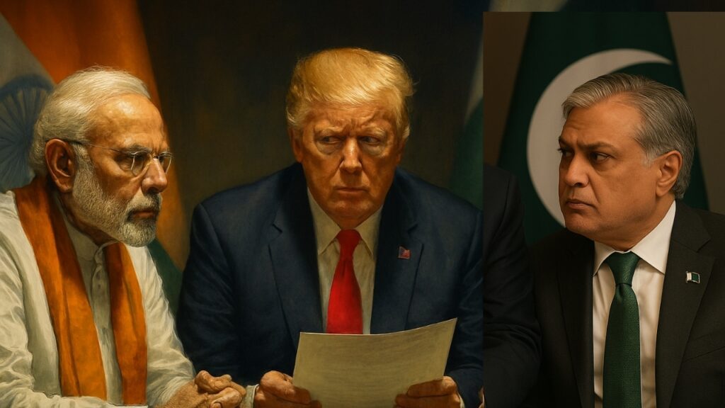 Ishaq Dar, Donald Trump, and Narendra Modi in a tense diplomatic setting with India and Pakistan flags in the background, symbolizing global affairs debate – Shah Times.