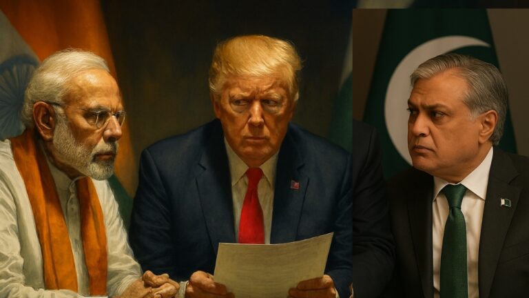 Ishaq Dar, Donald Trump, and Narendra Modi in a tense diplomatic setting with India and Pakistan flags in the background, symbolizing global affairs debate – Shah Times.