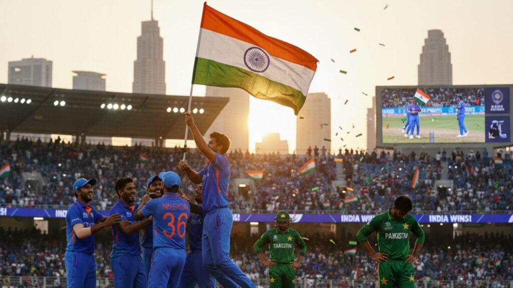 Team India celebrates win against Pakistan in Dubai, players waving Indian flag with fans in stadium – Shah Times Sports Coverage.