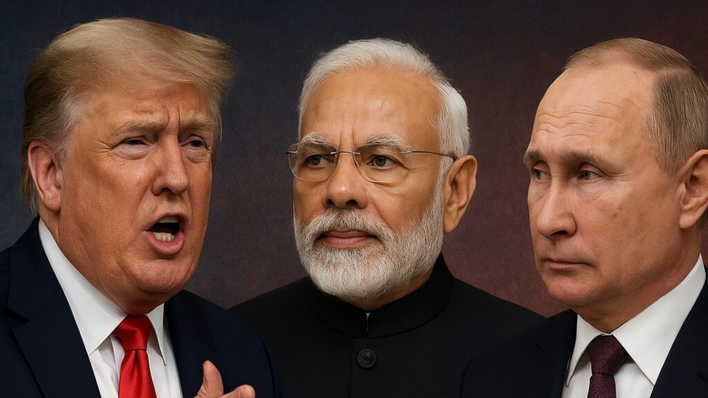 Donald Trump gesturing, Narendra Modi calm, and Vladimir Putin stern, symbolizing US-India-Russia oil trade disputes and global energy politics.