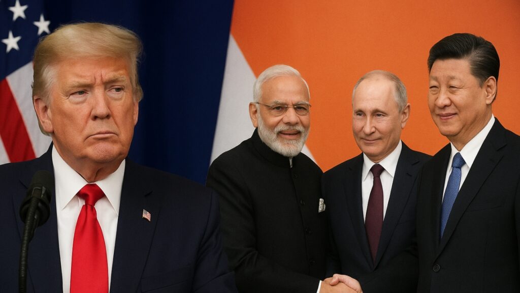 Donald Trump at podium, Modi Putin Xi handshake at SCO summit, India US trade tensions, Russia oil dispute, global geopolitics