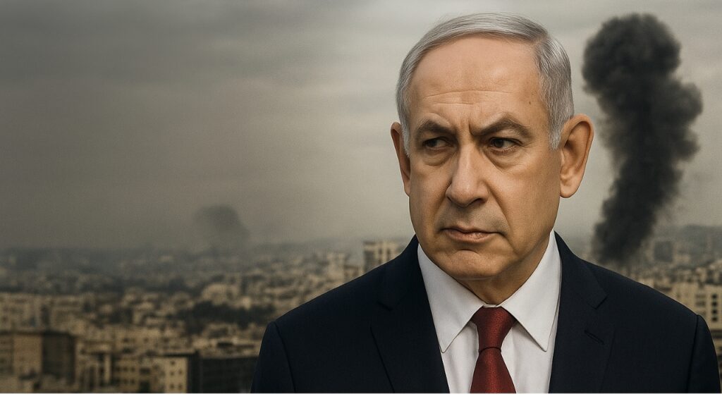 Benjamin Netanyahu in suit and red tie, standing against a city backdrop with dark smoke in the sky after Doha attack.