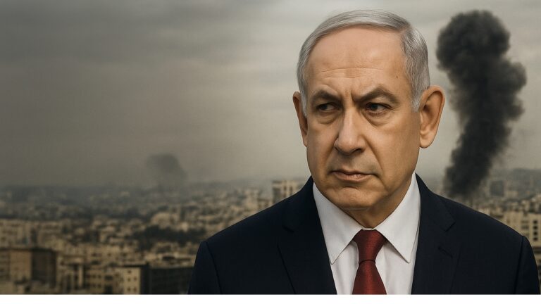 Benjamin Netanyahu in suit and red tie, standing against a city backdrop with dark smoke in the sky after Doha attack.