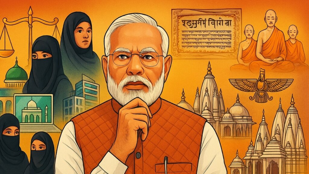 Illustration of Modi government’s minority welfare initiatives including triple talaq law, Waqf reforms, education schemes, and cultural preservation. Shah Times.