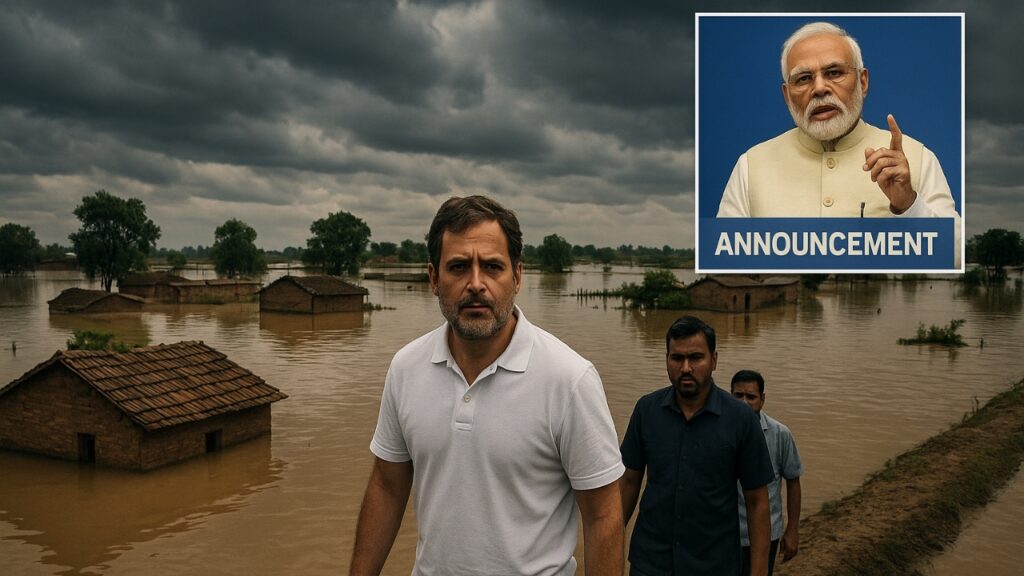 Punjab floods with submerged homes and fields, Rahul Gandhi visiting, PM Modi relief package announcement inset.