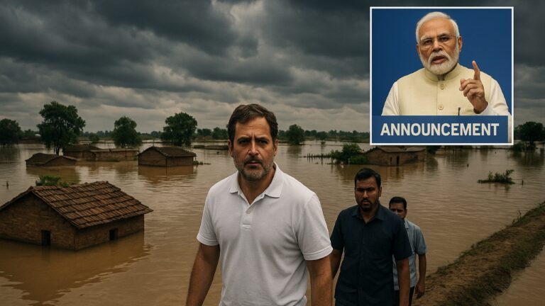 Punjab floods with submerged homes and fields, Rahul Gandhi visiting, PM Modi relief package announcement inset.