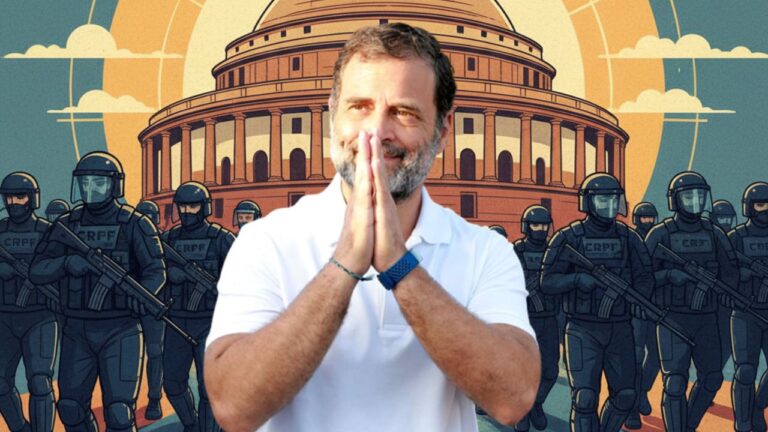 Rahul Gandhi in front of Indian Parliament with CRPF security forces symbolizing political conspiracy and security debate. | Shah Times