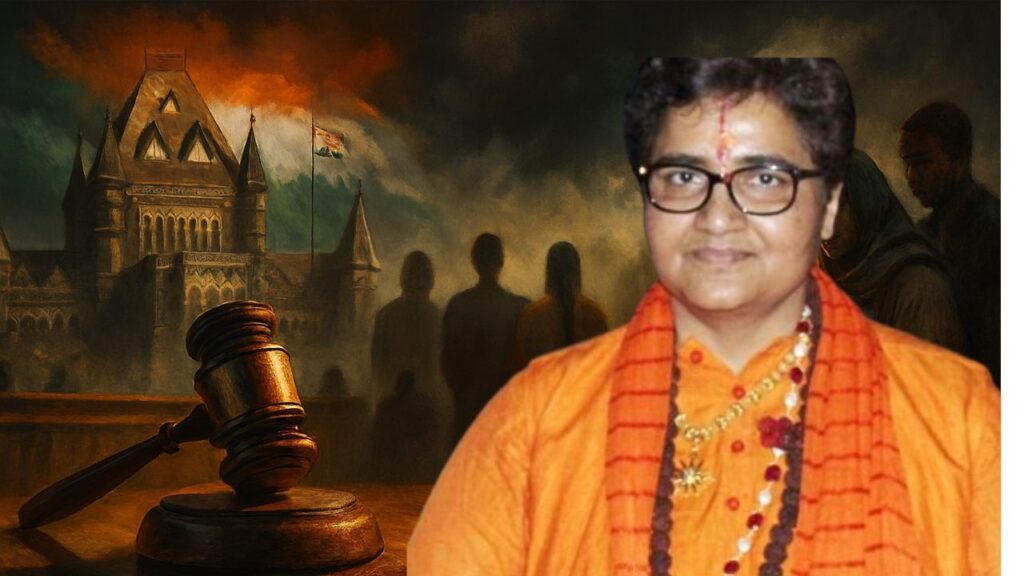 Editorial illustration of Indian court with gavel, political-religious figure in saffron attire, symbolizing debate on law, politics, and justice – Shah Times.