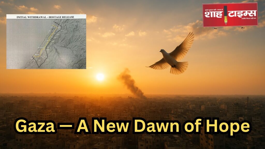 Aerial view of Gaza skyline at sunrise symbolizing hope and peace after Trump’s announcement.