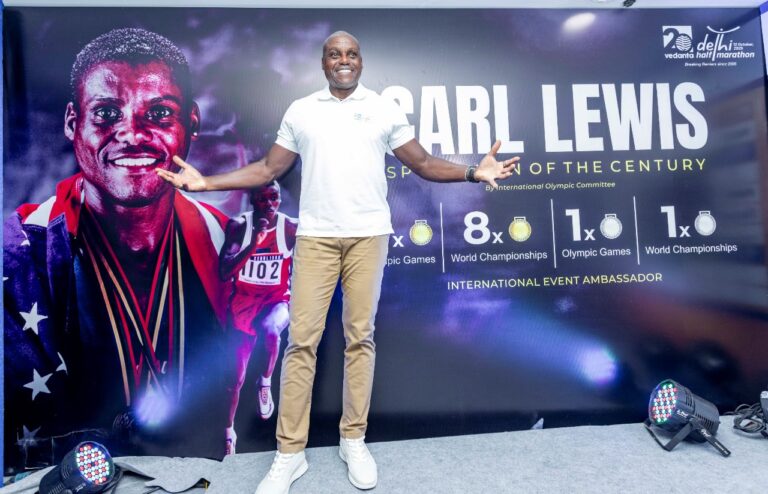Carl Lewis addressing press conference ahead of Vedanta Delhi Half Marathon 2025