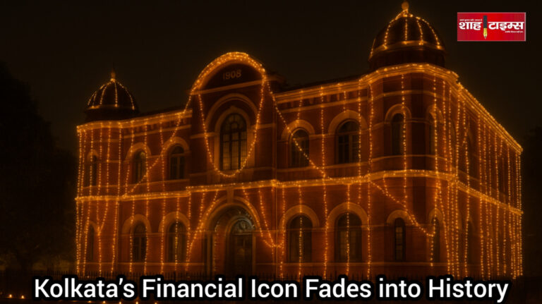 Calcutta Stock Exchange building decorated with Diwali lights before closure.