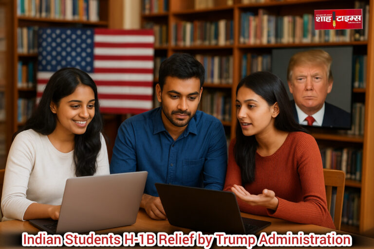Indian students discussing H-1B visa policy updates with laptops and US flags in background