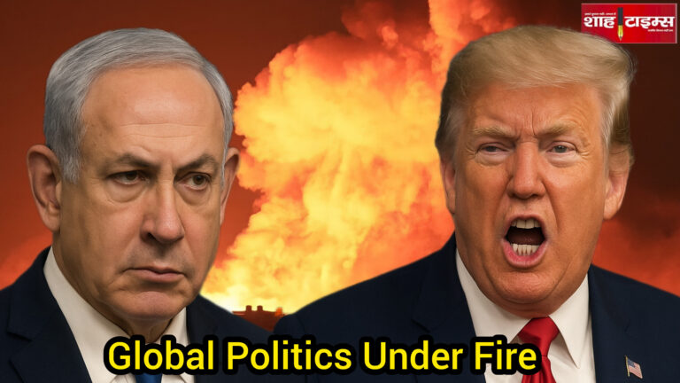 Donald Trump and Benjamin Netanyahu reacting amid Israel-Gaza conflict background with explosion fire – Shah Times