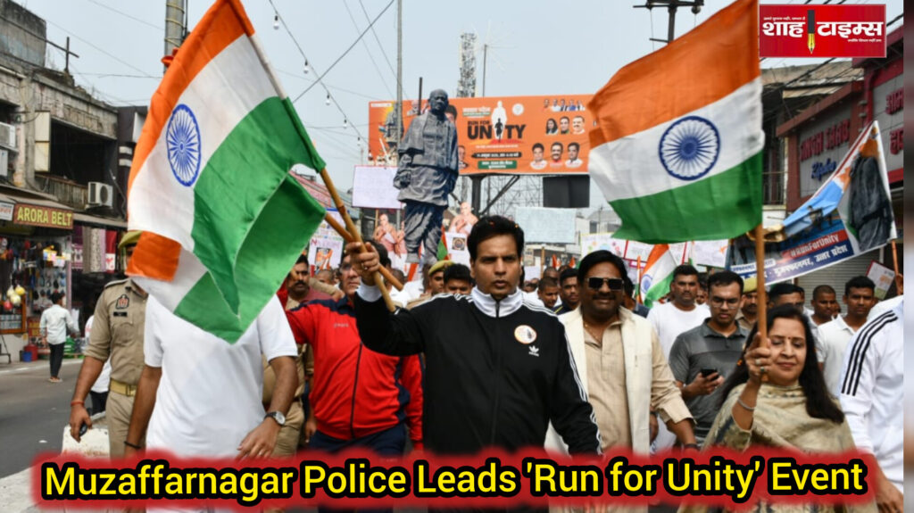 मुज़फ़्फरनगर में रन फॉर यूनिटी के दौरान पुलिस और नागरिक राष्ट्रीय ध्वज लहराते हुए दौड़ते नज़र आ रहे हैं।