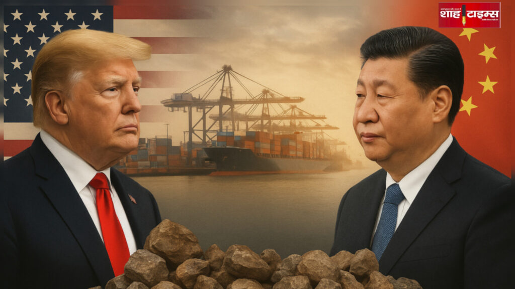 Photo-realistic image showing US President Donald Trump and Chinese President Xi Jinping facing opposite directions, background of Rare Earth minerals and cargo ships.