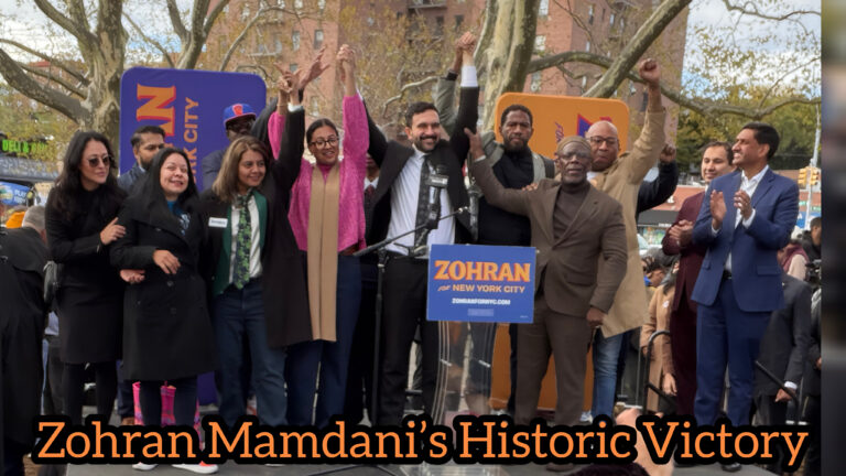 Zohran Mamdani with supporters celebrating victory after being elected as New York City’s first Muslim and South Asian Mayor.