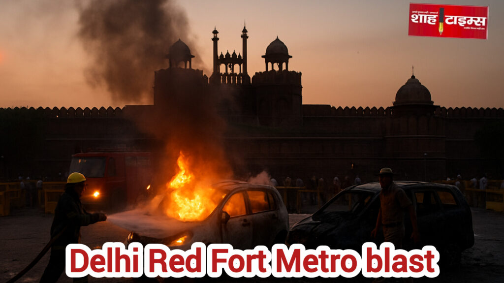 Firefighters and police investigating van explosion near Delhi Red Fort Metro station.