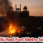 Firefighters and police investigating van explosion near Delhi Red Fort Metro station.