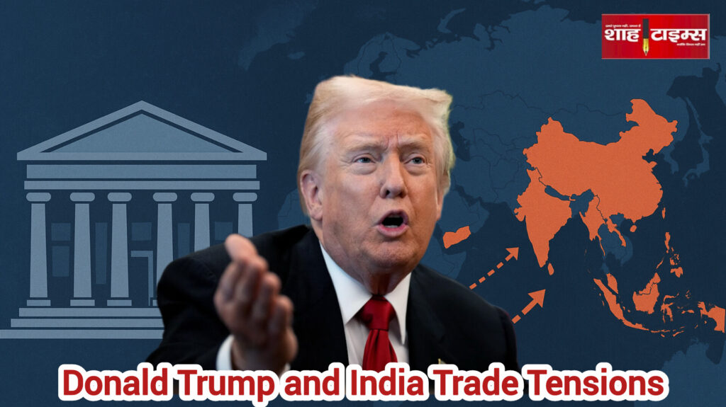 Donald Trump standing against a backdrop of U.S. and Indian flags symbolizing a global trade conflict and tariff war.