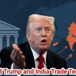 Donald Trump standing against a backdrop of U.S. and Indian flags symbolizing a global trade conflict and tariff war.