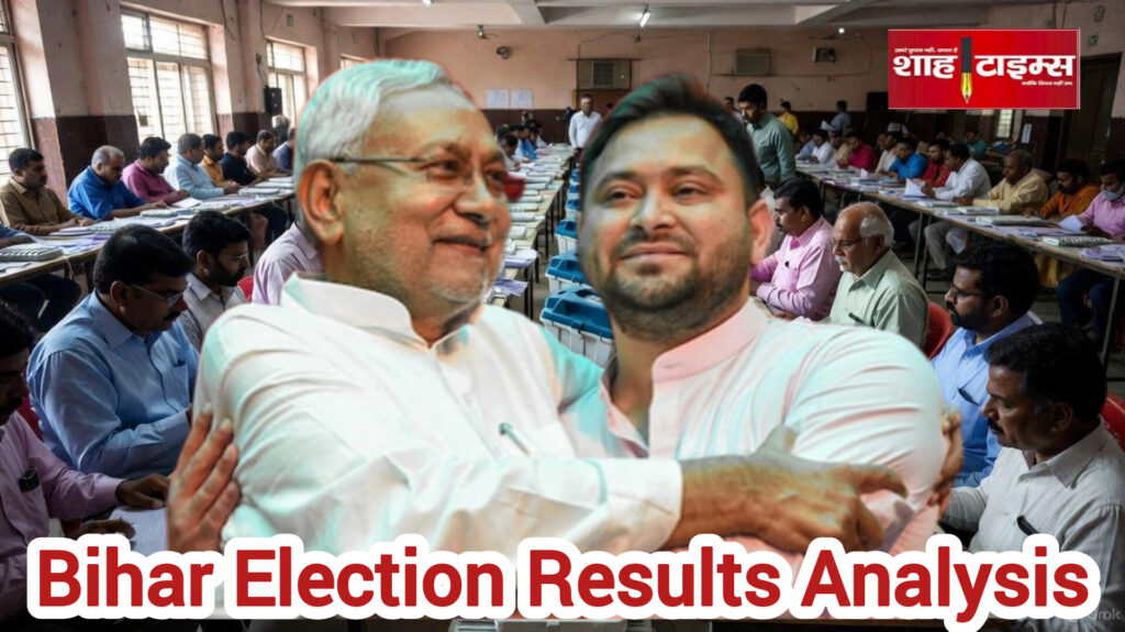 Political leaders seen as counting officials review ballot records inside a Bihar election counting center.