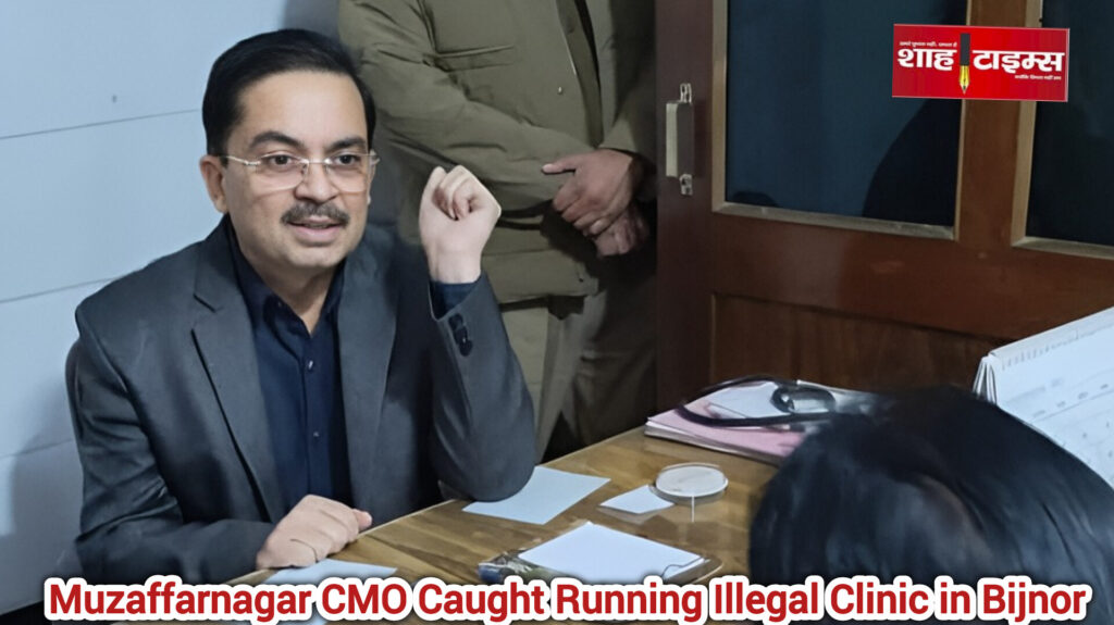 Senior health official seated at a desk during an inspection inside a clinic office in Bijnor; interaction scene captured indoors.