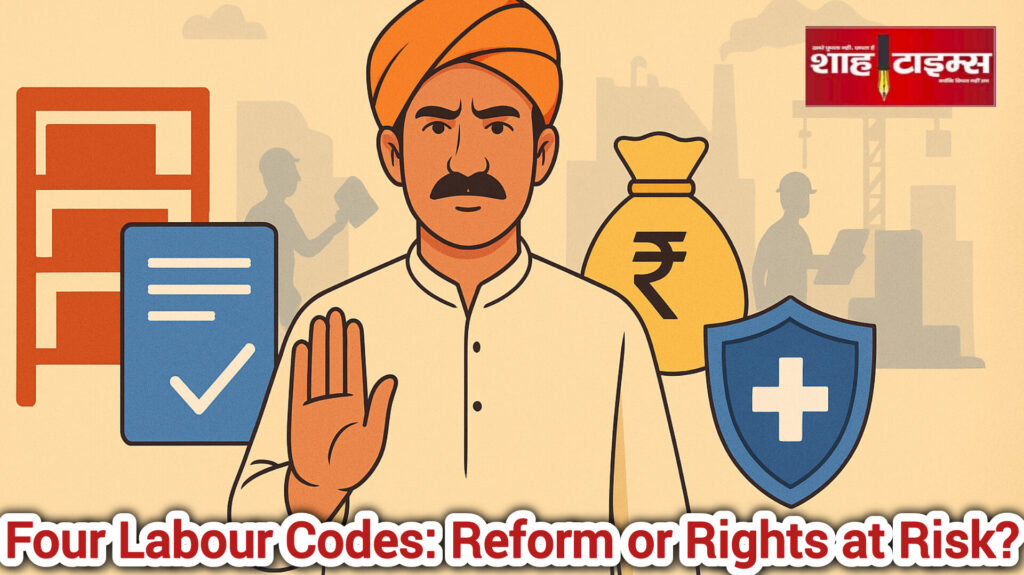 Indian workers and industrial silhouettes representing the implementation and protest around four new Labour Codes 2025, showing the balance between worker security and industry reforms, visualized in 16:9 without text or logo – Shah Times.
