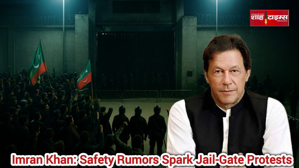 इमरान खान समर्थक रावलपिंडी की आदियाला जेल गेट के बाहर प्रदर्शन करते हुए, पुलिस बैरिकेड और सुरक्षा बल तैनात।