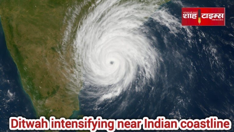 Satellite image of Cyclone Ditwah forming a strong eye over the Bay of Bengal near the Tamil Nadu and Andhra Pradesh coast.