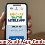 person holding a new smartphone displaying the Sanchaar Saathi app screen during initial setup.