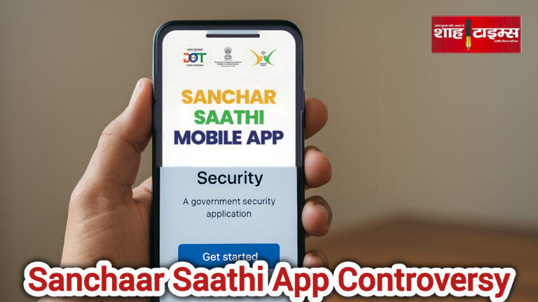 person holding a new smartphone displaying the Sanchaar Saathi app screen during initial setup.