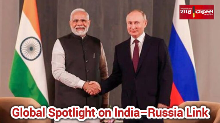 Prime Minister Narendra Modi and Russian President Vladimir Putin shaking hands during an official India–Russia bilateral meeting with national flags in the background.