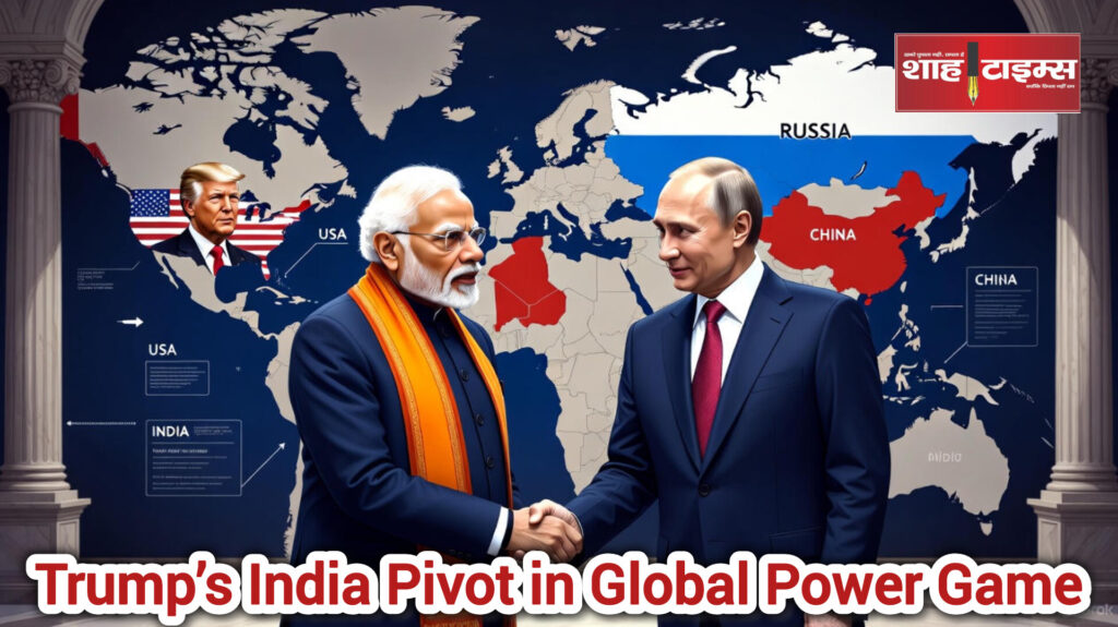 Shah Times illustration of Trump, Modi and Putin with world map showing USA, Russia, and China in a global power game.